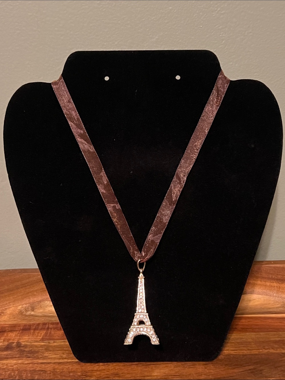 Eiffel Tower Pendant Necklace with Brown Ribbon